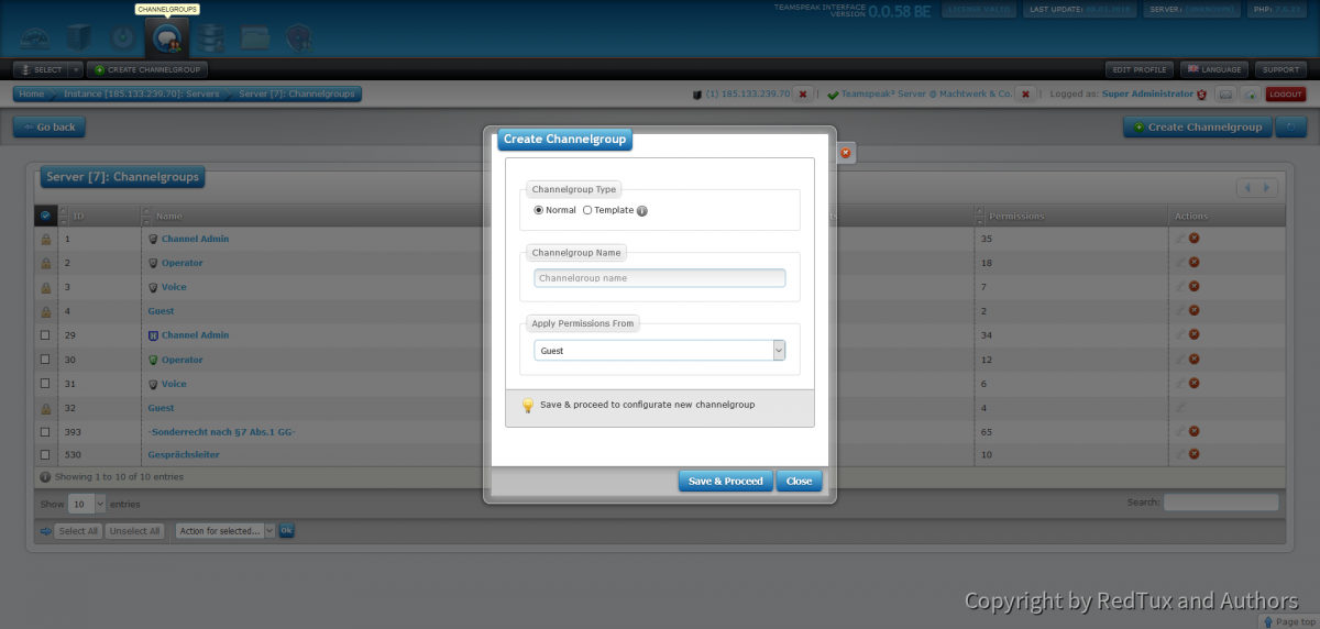 Teamspeak Interface Virtual Server Create Channelgroup