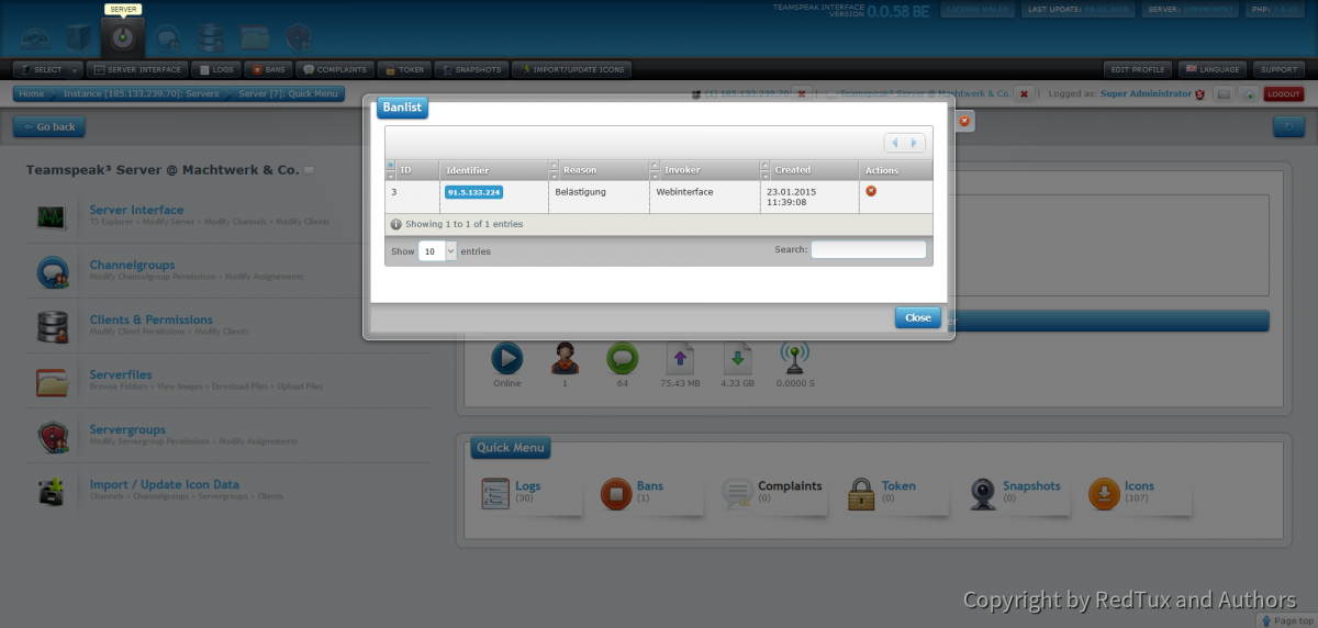 Teamspeak Interface Virtual Server Ban Management