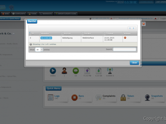 Teamspeak Interface Virtual Server Ban Management