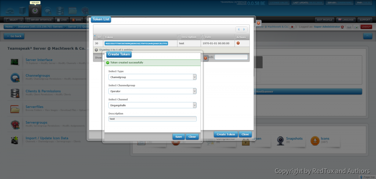 Teamspeak Interface Virtual Server Token Management