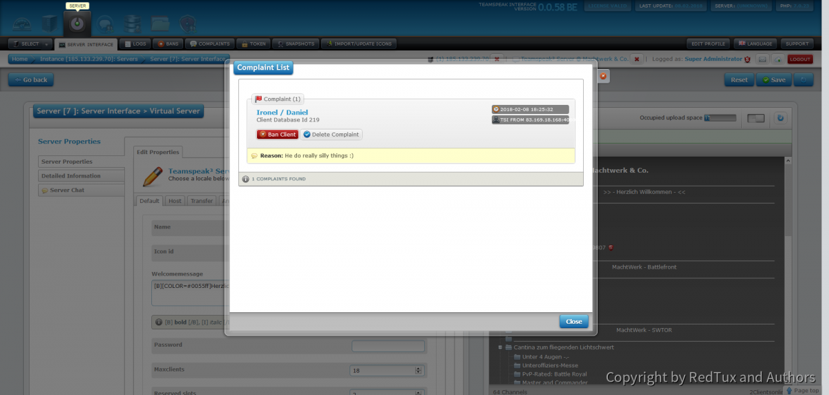 Teamspeak Interface Virtual Server Complaint Management