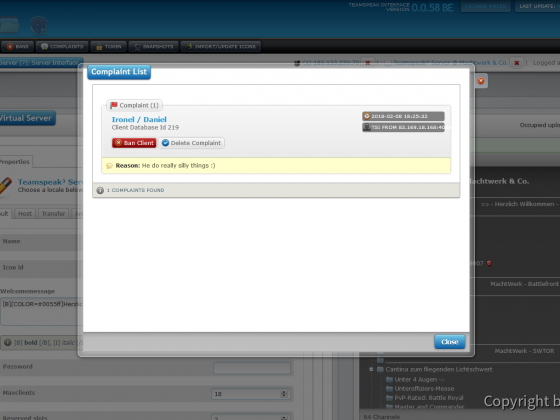 Teamspeak Interface Virtual Server Complaint Management
