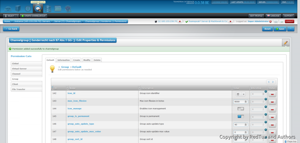 Teamspeak Interface Virtual Server Channelgroup Permissions