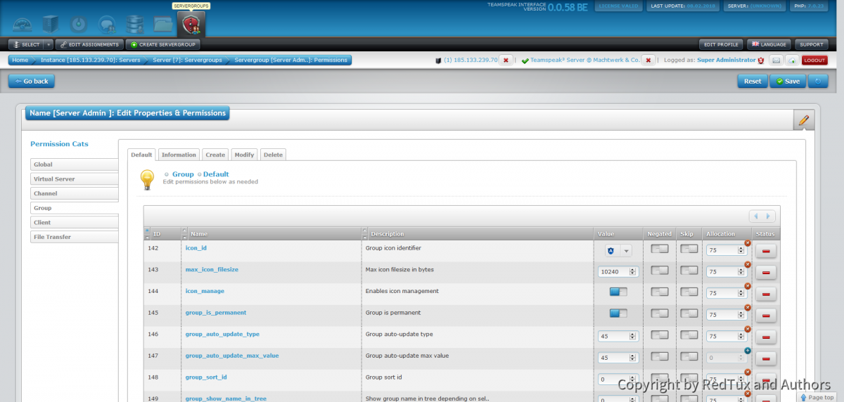 Teamspeak Interface Virtual Server Servergroup Permissions